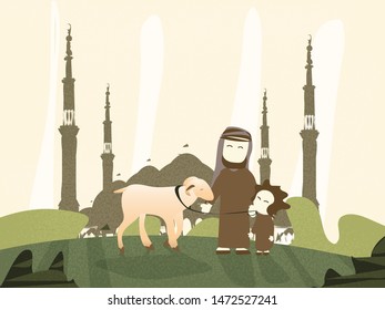 Vector illustration of Muslim sacrifice with goat in Eid al-Adha or Festival of the Sacrifice,Islamic holidays celebrated worldwide each year.Father and son take goat to sacrifice with mosque. 