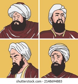 vector illustration of muslim scholars, al-battani, al-razi, at-tabari, al-zahrawi