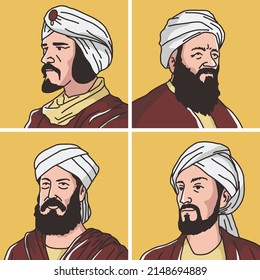 vector illustration of muslim scholars, alkindi, jabir ibn hayyan, aljazari, abbas ibn firnas