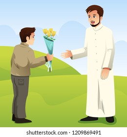A vector illustration of Muslim Son Giving Flower to His Father