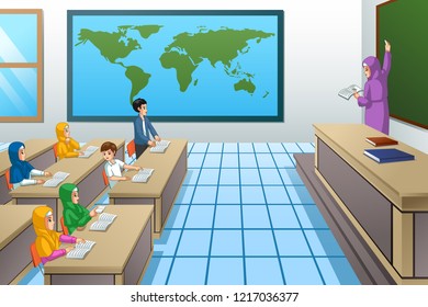 A vector illustration of Muslim Students and Teacher in Classroom 