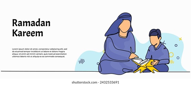 Vector illustration of muslim teach young children to recite the Al-Qur'an. Modern flat in continuous line style.