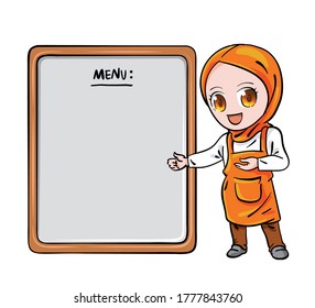 Vector illustration of a muslim waitress presenting a menu board. Drawn in cute chibi style. 