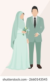 Vektorgrafik des muslimischen Hochzeitspaares mit modernen Outfits in Pastellfarben, minimalistisch und elegant