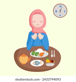 Vector illustration of Muslim woman breaking the fast. Illustration of breaking the fast. Ramadan vector.