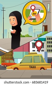 A vector illustration of a Muslim Woman Calling Taxi from Her Cellphone