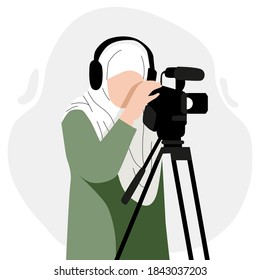 Vector Illustration of Muslim Woman Cameramen with Cameras Recording Live Television Broadcast. Shooting Video, TV News, Blogger Concept isolated on White Background.