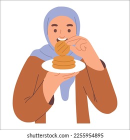 vector illustration of a Muslim woman character eating a biscuit or cake by hand from a small plate