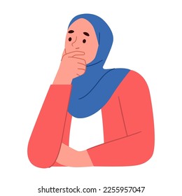 
vector illustration of muslim woman character with serious face and thinking hand gesture