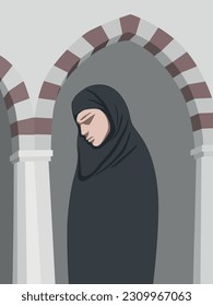 Vector illustration of a muslim woman in front of a mosque