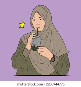 vector illustration of Muslim woman in hijab drinking iced coffee