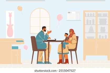 Ilustração vetorial de uma mulher muçulmana, em um hijab, com uma criança e seu marido ao fundo de uma sala interior. Personagens sentados à mesa passando tempo juntos. Estilo de desenho animado plano.