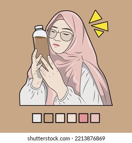 Vector illustration of a Muslim woman holding a chocolate drink bottle, complete with a color palette.