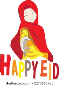 Vector illustration of a Muslim woman in the joy of welcoming Eid al-Fitr