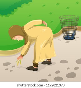 A vector illustration of Muslim Woman Picking Up Trash 