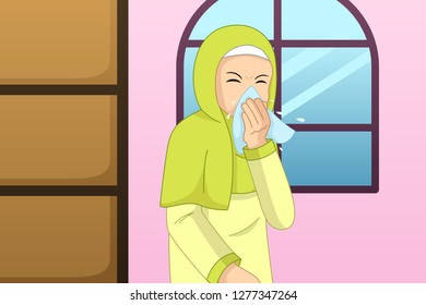 A vector illustration of Muslim Woman Sneezing Into a Tissue 