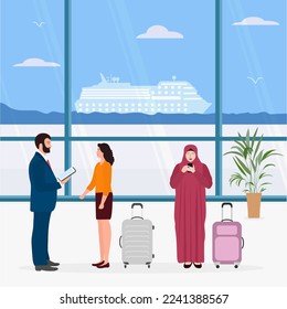 Vector illustration Muslim woman with suitcase use cell phone, caucasian girl talks to an employee and waiting for check-in sea cruise Sea port Passenger Tourist Summer vacation Travel concept Tourism