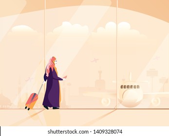 Vector illustration of Muslim woman travel .Modern muslim lady in traditional costume with hijab travel alone by airplane. 