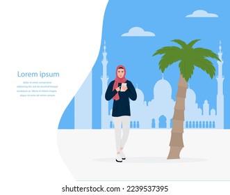 Vector illustration Muslim woman use cell phones. Tourist. People take photos, selfies. United Arab Emirates. Sheikh Zayed Mosque silhouette. Abu dhabi. Summer vacation. Travel Adventure Tourism