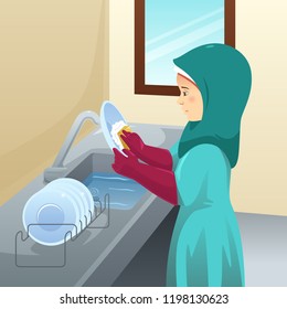 A vector illustration of Muslim Woman Washing Dishes 