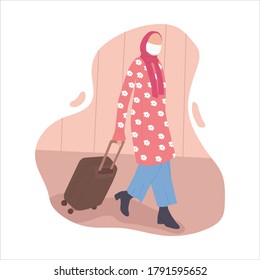 Vector Illustration of Muslim Woman Wearing Mask as Health Protocol and Walking with Luggage in Simple Flat Style. Female Hijab Safe Travelling in New Normal Life Concept Isolated on White Background.
