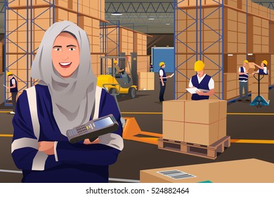 A vector illustration of a Muslim Woman Working in a Warehouse