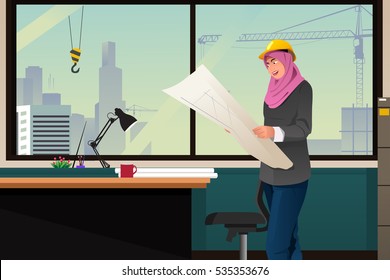 A vector illustration of Muslim Woman Working in a Construction Office