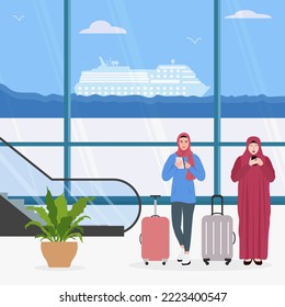Vector illustration Muslim women use cell phones with suitcases waiting for check-in sea cruise near escalator. Sea port. Passenger. Tourist. Summer vacation. Travel concept. Tourism