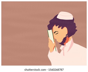 Vector illustration of Muslim young man holding the Quran or Koran after praying to God. He attached the holy book to his forehead or kiss the book. Concept of faith, hope, and respect in Islam.