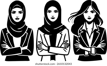 Vector Illustration of Muslimah Entrepreneur and Muslim Female Worker in Minimalist Black and White Style