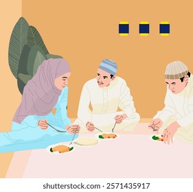 A vector illustration of a Muslimah and two Muslims eating together, symbolizing togetherness and celebration, perfect for themes of Ramadan, Eid, family gatherings, and Islamic traditions.