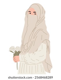 A vector illustration of a Muslimah wearing a purdah and holding a flower, symbolizing modesty, grace, and beauty, perfect for themes of Islamic culture, femininity, and traditional attire.