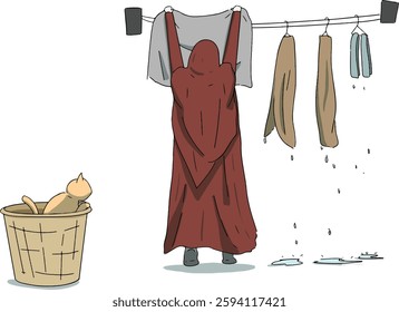 Vector illustration of muslimah woman hanging wet clothes