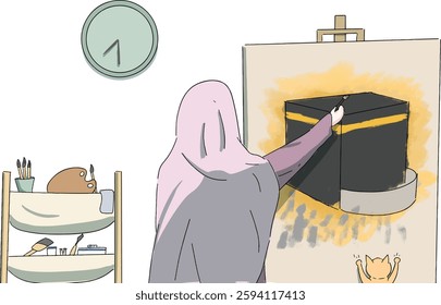 vector illustration of muslimah woman painting ka'bah