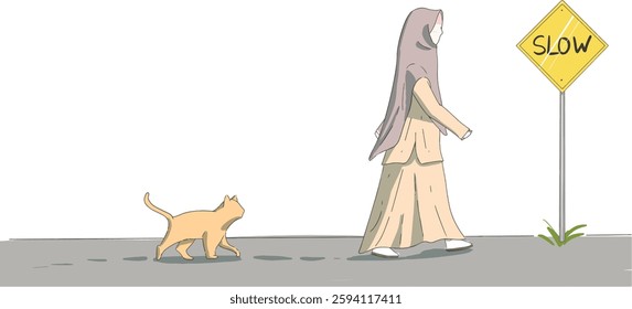 Vector Illustration of a muslimah woman walking on the street
