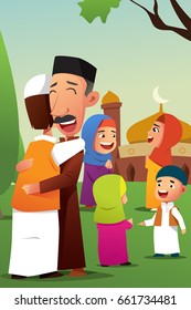 A vector illustration of Muslims Celebrating Eid Al Fitr