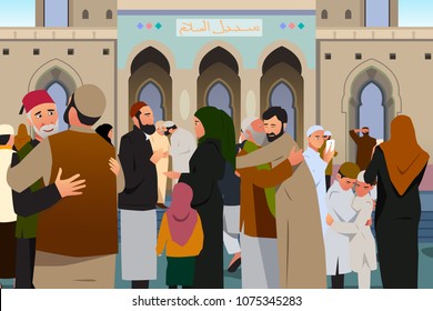 A vector illustration of Muslims Embracing Each Other After Prayer in Mosque 