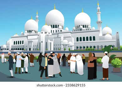 A vector illustration of Muslims Embracing Each Other in Front of a Mosque