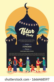 Vektorillustration Illustration Muslime versammeln sich in der Moschee für die Iftar-Partei Ramadan Kareem. Für Grußkarte, Einladungskarte, Ramadan Hintergrund, Banner, Flyer, Promotion.