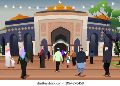 A vector illustration of Muslims Going to Mosque to Pray