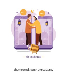 Vector illustration Muslims people communicates through mobile applications or video calls for Eid Mubarak greetings and celebrate