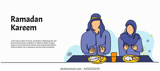 Vector illustration of muslims praying before eating. Modern flat in continuous line style.