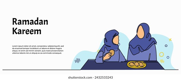 Vector illustration of muslims praying before eating. Modern flat in continuous line style.