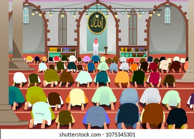 A vector illustration of Muslims Praying in a Mosque