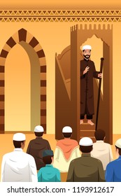 A vector illustration of Muslims Praying in a Mosque