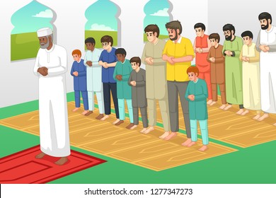 A vector illustration of Muslims Praying in a Mosque 