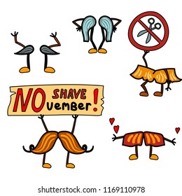 Vector illustration, mustache characters set. For no shave November. Simple outlined style, can be used for funny greeting cards, announcements, banners, stickers.
