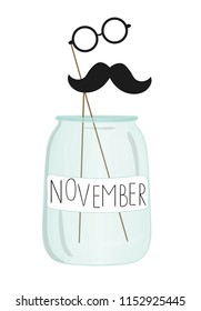 Vector illustration of mustache and glasses on stick in a glass jar. Mustache season poster. Photo booth props picture