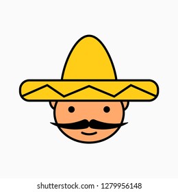 Vector illustration of mustached Mexican icon in sombrero in cartoon style