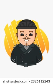 Ilustración vectorial de un hombre bigotudo con un sombrero negro y ropa al fondo de fragmentos de círculo amarillo